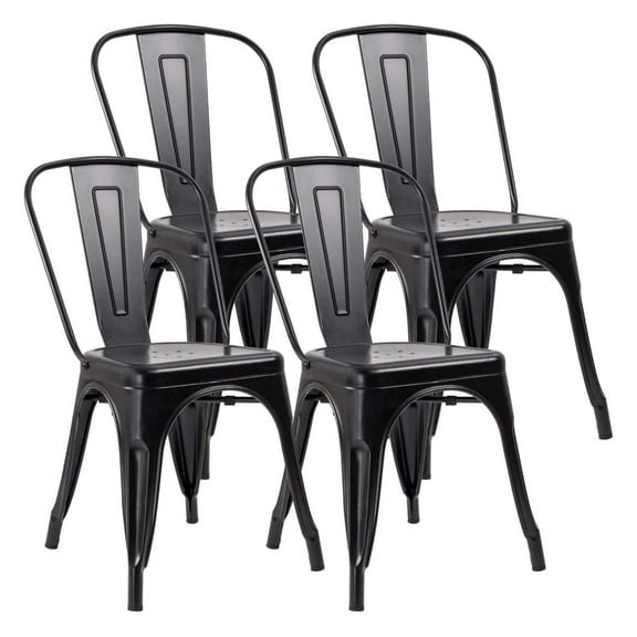 Metal Dining Chair Stackable Indoor Outdoor Industrial Vintage Chairs Bistro Kitchen Cafe Side Chairs with Back Set of 4 (Black)