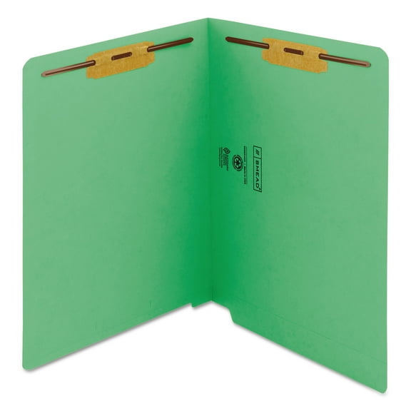 Smead® Color End-Tab Folders With Fasteners, Straight Cut, Letter Size, Green, Pack Of 50