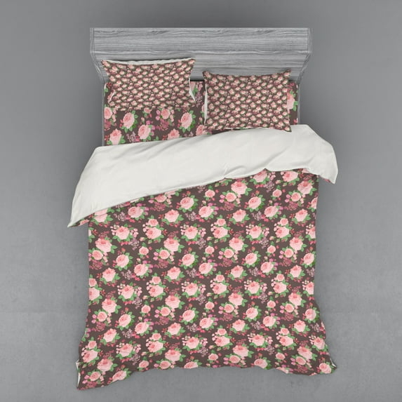 Spring Duvet Cover Set, Bridal Romantic Composition with Pink Roses Vintage Flower Bouquet Posy, Bedding Set with Shams and Fitted Sheet, 3 Sizes, by Ambesonne