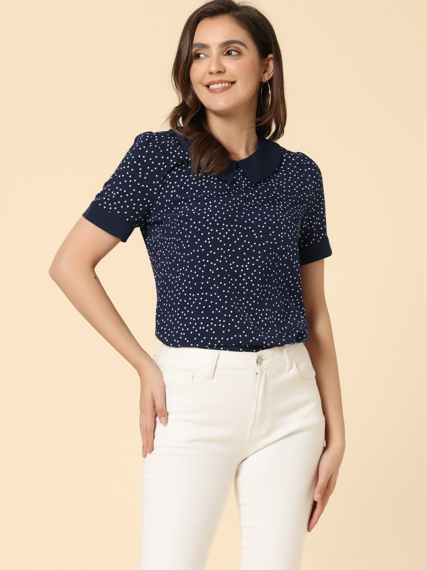 DARING DIVA Women's Peter Pan Collar Polka Dots Short Sleeve Tops XS Navy Blue
