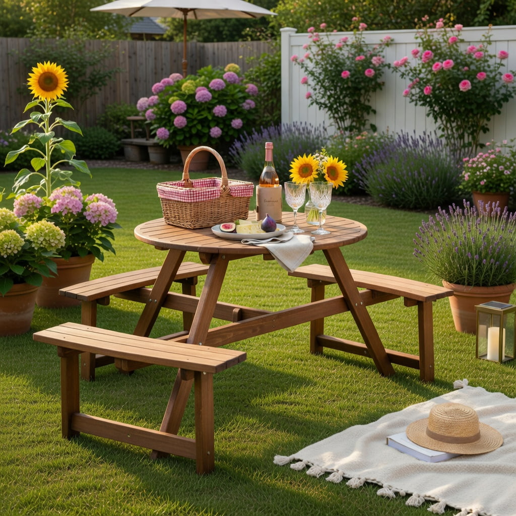 Hommoo 6-Person Round Wooden Picnic Table with Umbrella Hole, Outdoor Patio Table with 3 Built-in Benches, Rustic Solid Wood Design for Backyard, Garden & Deck, Dark Brown