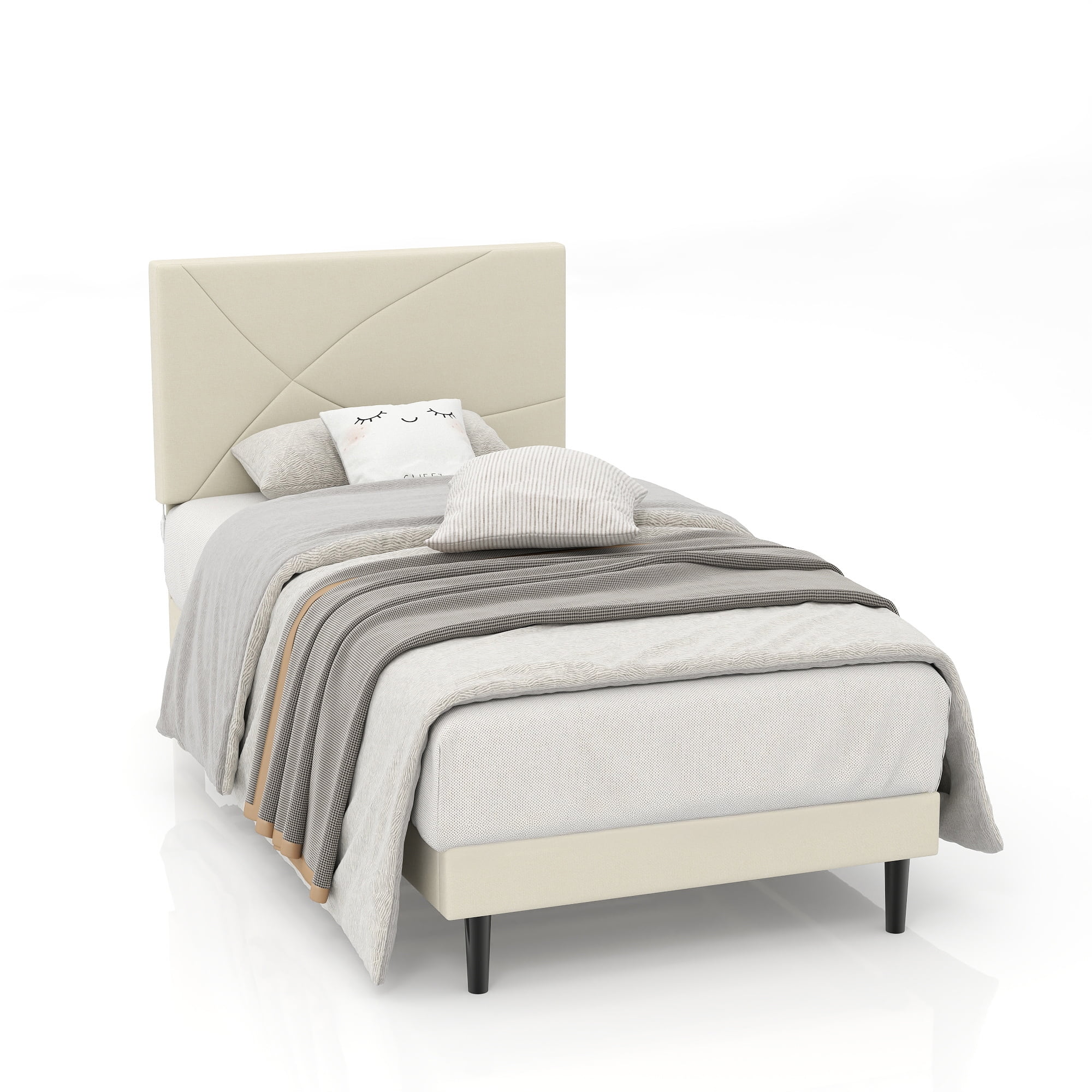 Homy Casa Upholstered Twin Bed with Tech Charging and LED Lights, Modern Headboard, Beige