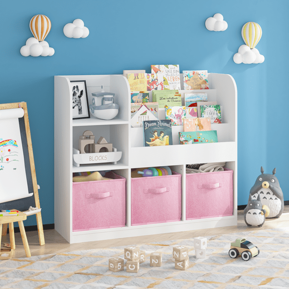 Kids Bedroom Furniture Kids Bookcase and Bookshelf, Multifunctional Bookcase with 3 Collapsible Fabric Drawers, Bookcase Display Stand, Toy Storage Organizer for Bedroom, Playroom, Hallway (White/Pin