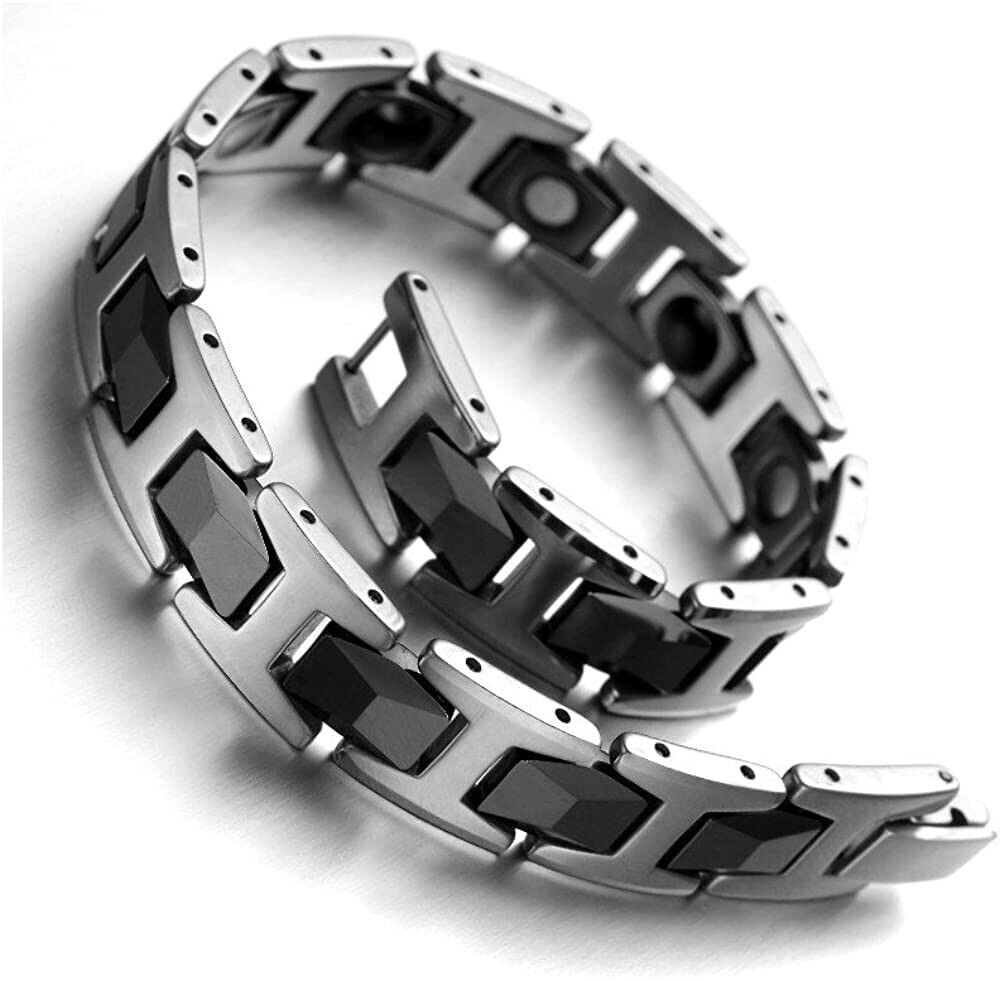 8.0" Mens Silver & Black Two-Tone Faceted Magnetic Tungsten Bracelet + Fancy Box