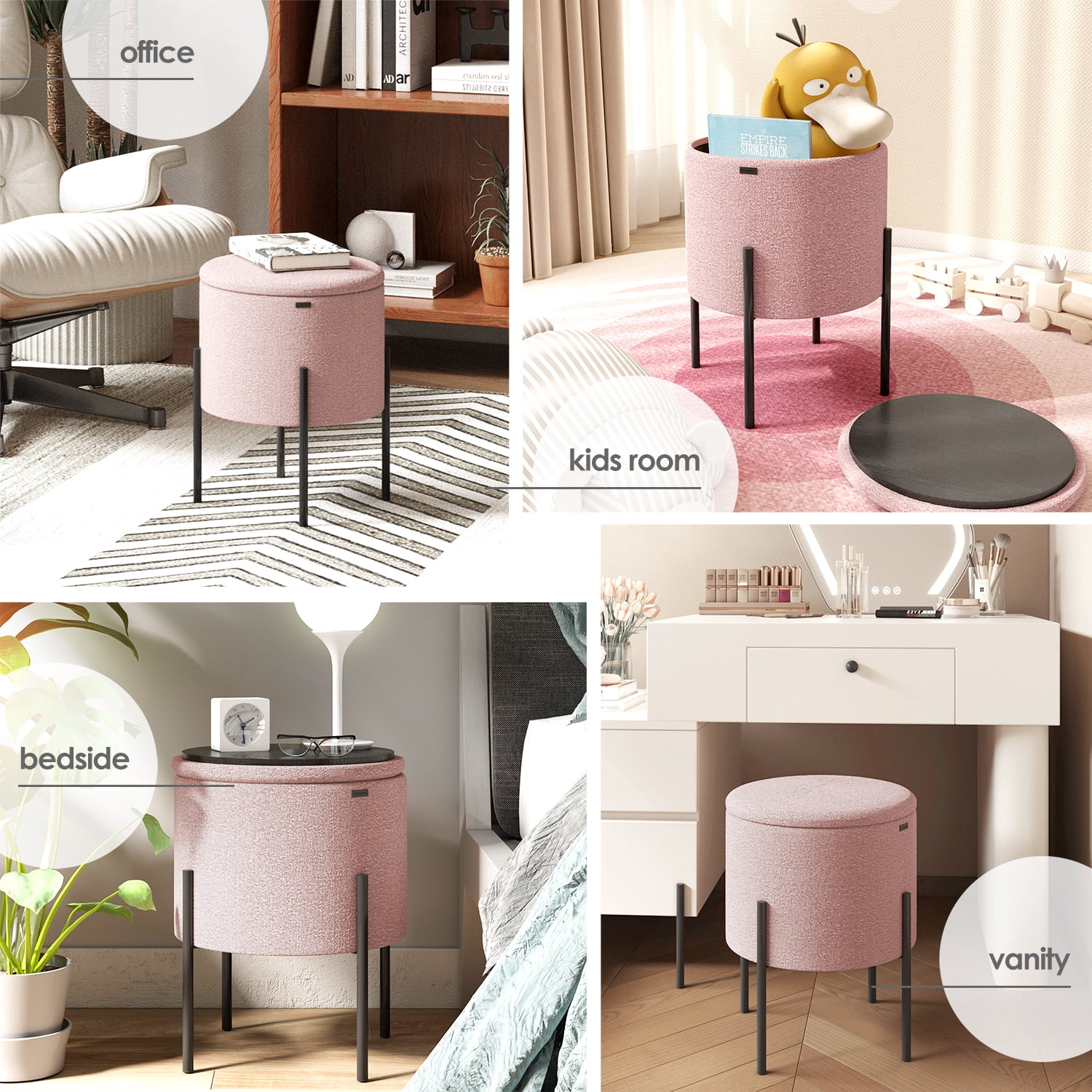 LammaLoe Small Round Ottoman with Storage, Boucle Ottoman Foot Stool with Lid, Upholstered Vanity Stool for Living Room & Bedroom, Pink