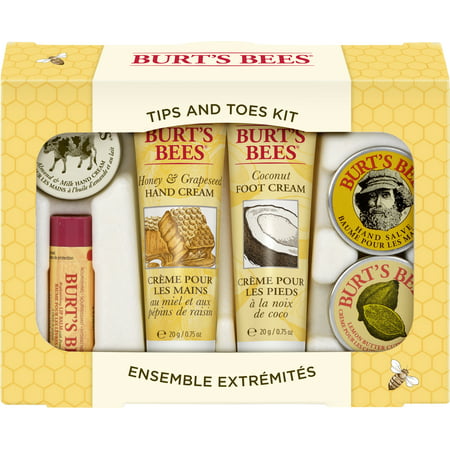 Burt's Bees Tips and Toes Kit Holiday Gift Set, 6 Travel Size Products in Gift Box - 2 Hand Creams, Foot Cream, Cuticle Cream, Hand Salve and Lip