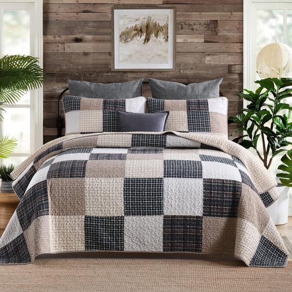SahSahCasa Quilt King Size, King Quilt Set, 100% Cotton King Quilt Bedding Set Bedspreads, Patchwork Farmhouse Quilt, Plaid Lightweight Rustic Quilts Bedspread for King Bed, Beige, All Season