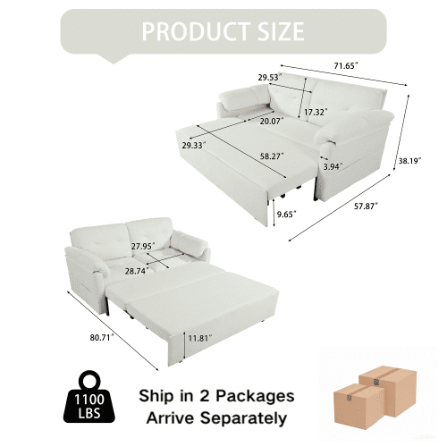 Convertible Sleeper Sofa, Queen Size Pull-Out Sofa Bed, 3-in-1 Chenille Loveseat with Side Storage & Casters for Living Room, Apartment, Beige