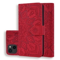 Mantto Cases for Apple iPhone 15 - 6.1 inch Magnetic Wallet Case for Women Card Holder Flip Cover Embossed Mandala Flower Kickstand PU Leather Magnetic Folio with Strap, Red