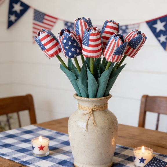Patriotic Fabric Flower Bouquet Red White Blue Artificial for 4th of July Independence Day Table Centerpiece Mantel Decor