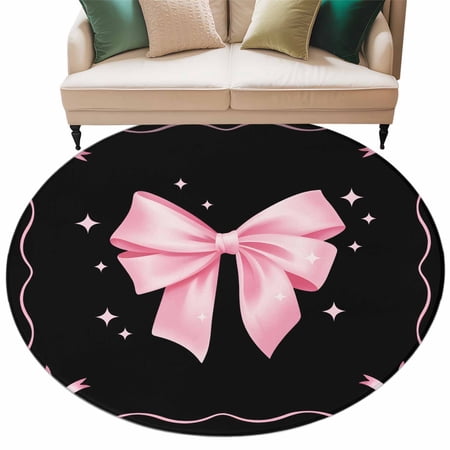 Round Rug 5ft Area Rug Valentine s Day Pink Bowknot on Black Area Rugs for Living Room Bedroom Ribbon Bow Mother s Day Floor Mat Non-Slip Non-Shedding Carpet Indoor Accent Rugs