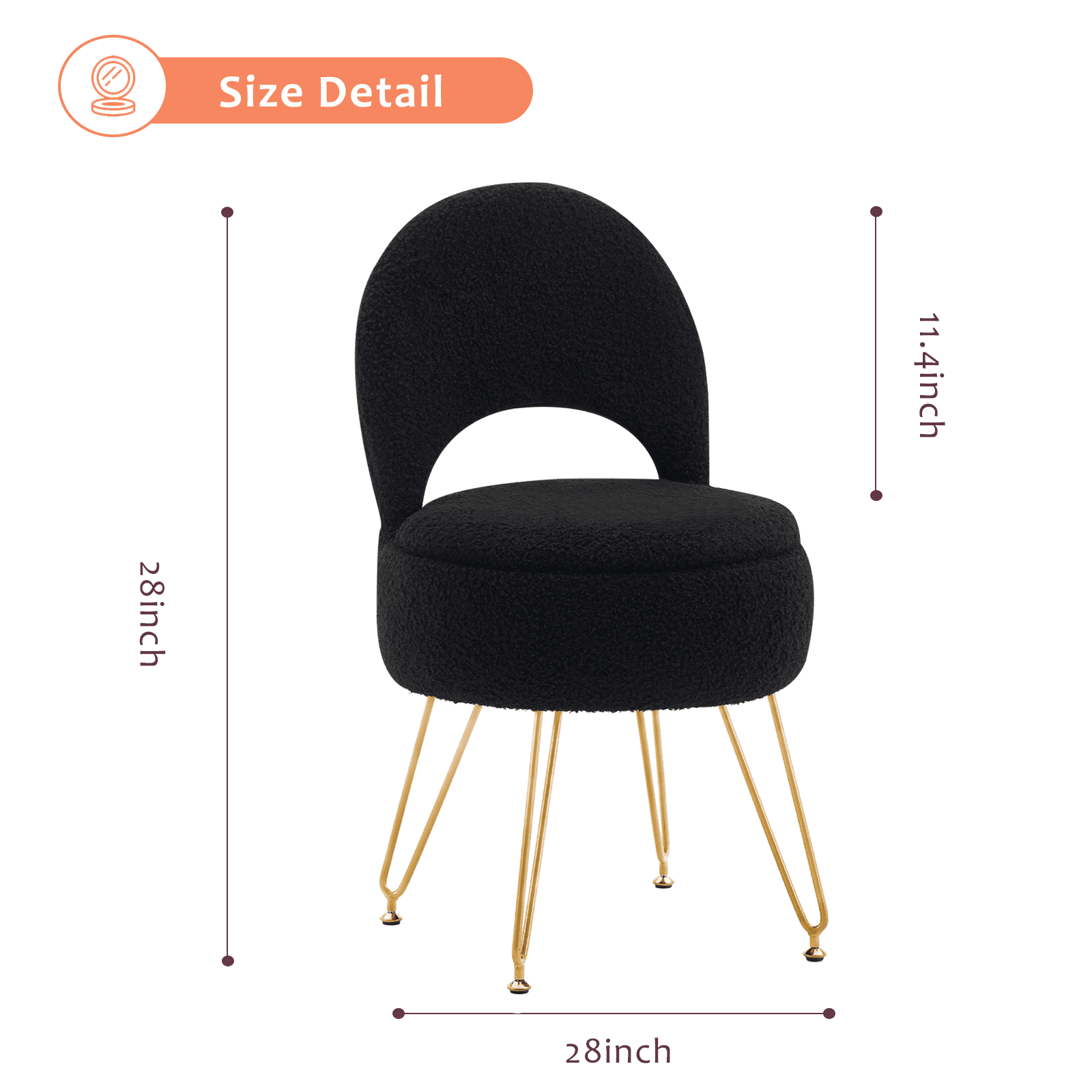 Casa Pura Furniture Modern Teddy Velvet Storage Ottoman Folding Back Vanity Stool Round Black