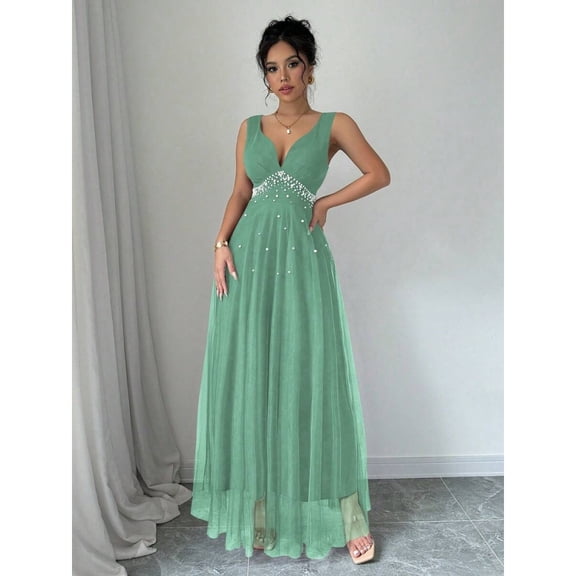 Mint Green Sleeveless V-Neck Floor-Length Maxi Dress With Faux Pearl Embellishment And Sheer Tulle Hem