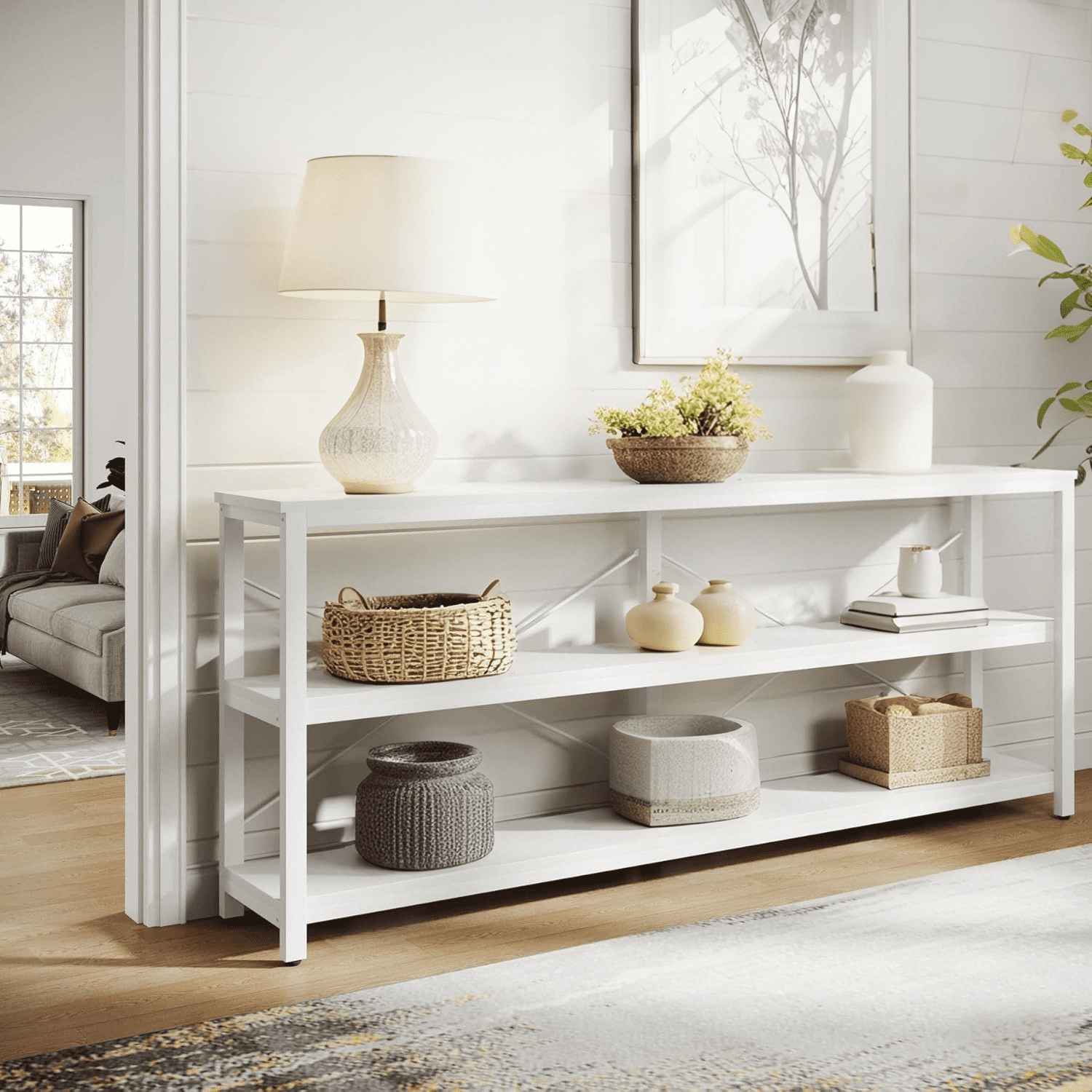 Tribesigns 70.9-Inch Console Table, 3-Tier Industrial Sofa Table with Metal Frame, Couch Table with Storage Shelves for Living Room Entryway Hallway Foyer (White)