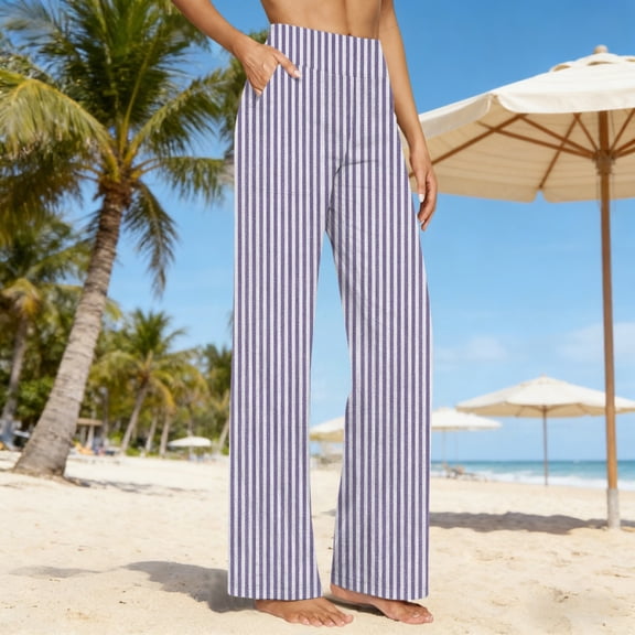 Costeam Womens Vertical Striped Linen Blend Wide Leg Pants Dual Side Slip Pockets Drawstring Elastic High Waist Loose Fit Trendy Casual Full Length Trousers
