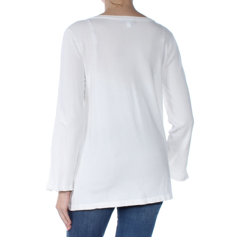Alfani Women's Embellished Ribbed Pullover Sweater – Crew Neck Long Sleeve, White, Size Large