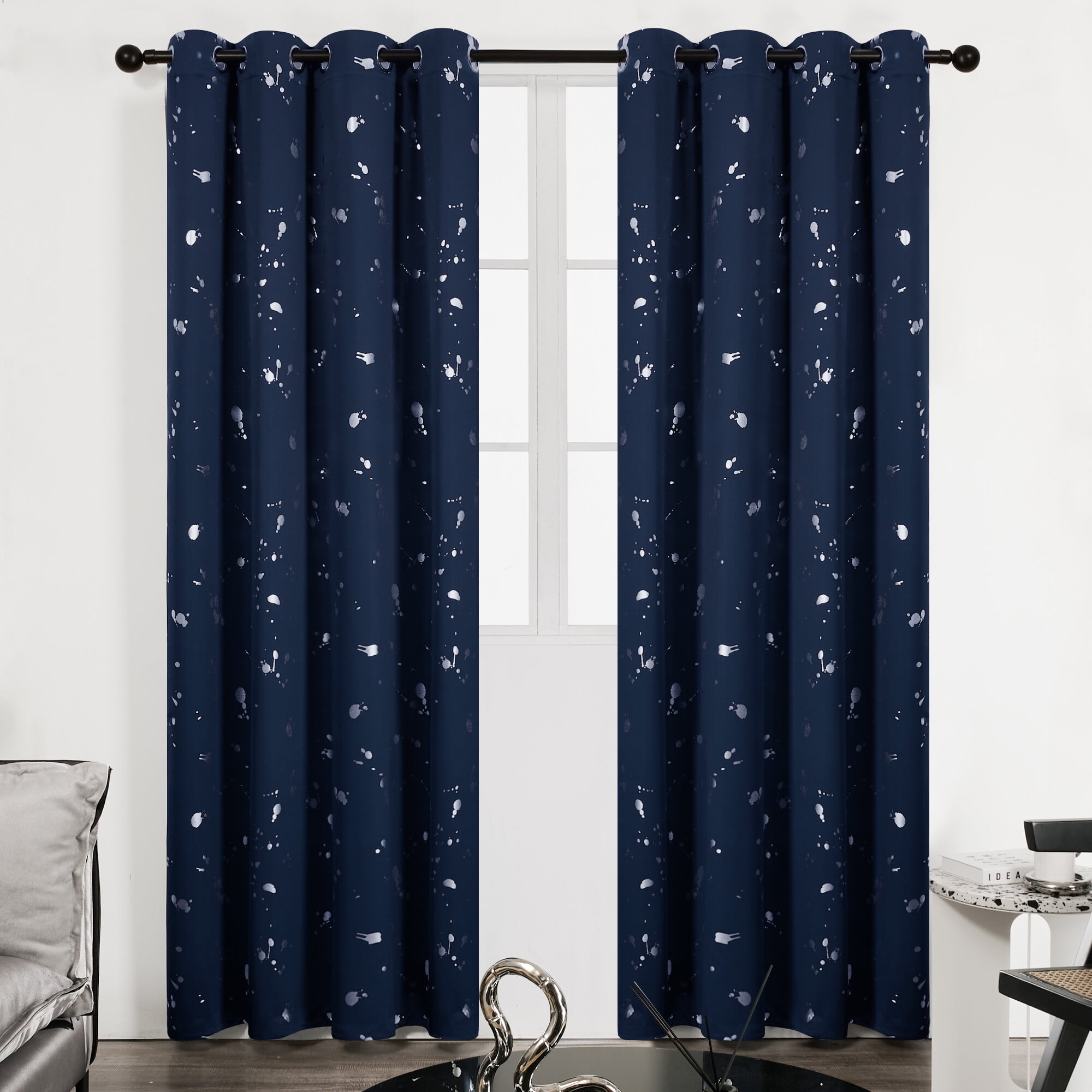 Deconovo Blackout Curtains with Silver Dots Printed Pattern for Kitchen (52W x 95L inch, Navy ...
