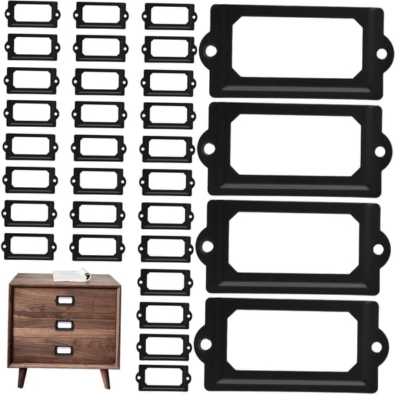 32PCS Metal Label Holders, 70×33mm Black Drawer & Shelf Label Frames, Easy to Install for Office, Library, Cabinet, File Drawer & Storage Organization(RL)
