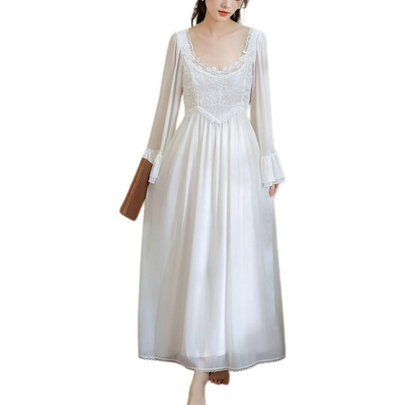 NANAHuang Women's Long Sleeve Cotton Nightgown Lace Vintage Princess Tulle Long Sleep Dress Cute Sweetheart Neck Sleepwear