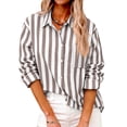 thumbnail image 2 of Women's Striped Button Down Shirt Long Sleeve Casual Linen Blouse Loose Fit Office Work Wear Spring Summer Outfit Brown S, 2 of 6