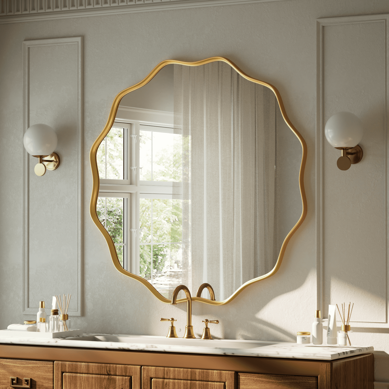 GRAHMCY 30" Wavy Round Bathroom Mirror Decorative Wall Mirror With Deep Frame, Gold