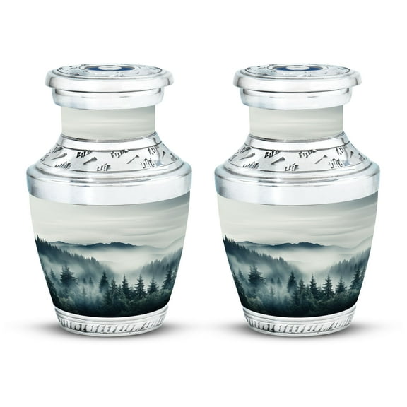 Misty Mountain Forest Landscape Rustic Remembrance - Tiny Urn Keepsake - Earthy Mini Memorial for Natural Souls - Funeral Urns For Human Ashes - Memorial Urns 3 Inch, Set Of 2