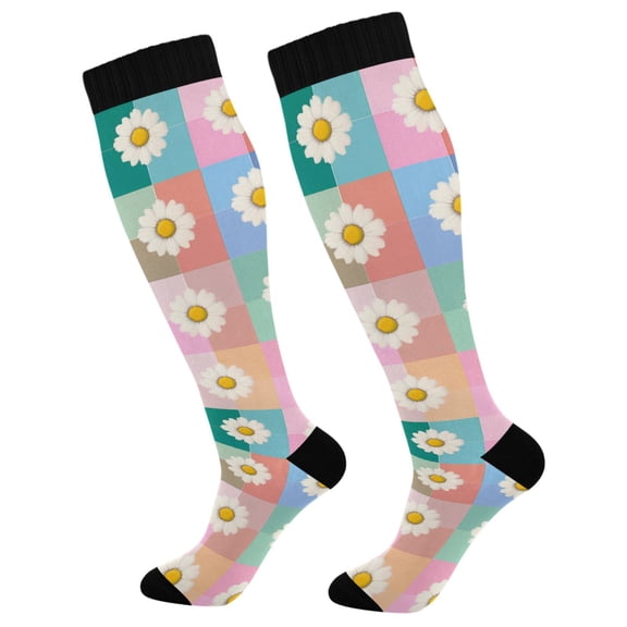 FORMRS Womens Knee High Socks Casual Long Thick Travel Daily Wear, 1 Pair, Pink Checkered Daisy
