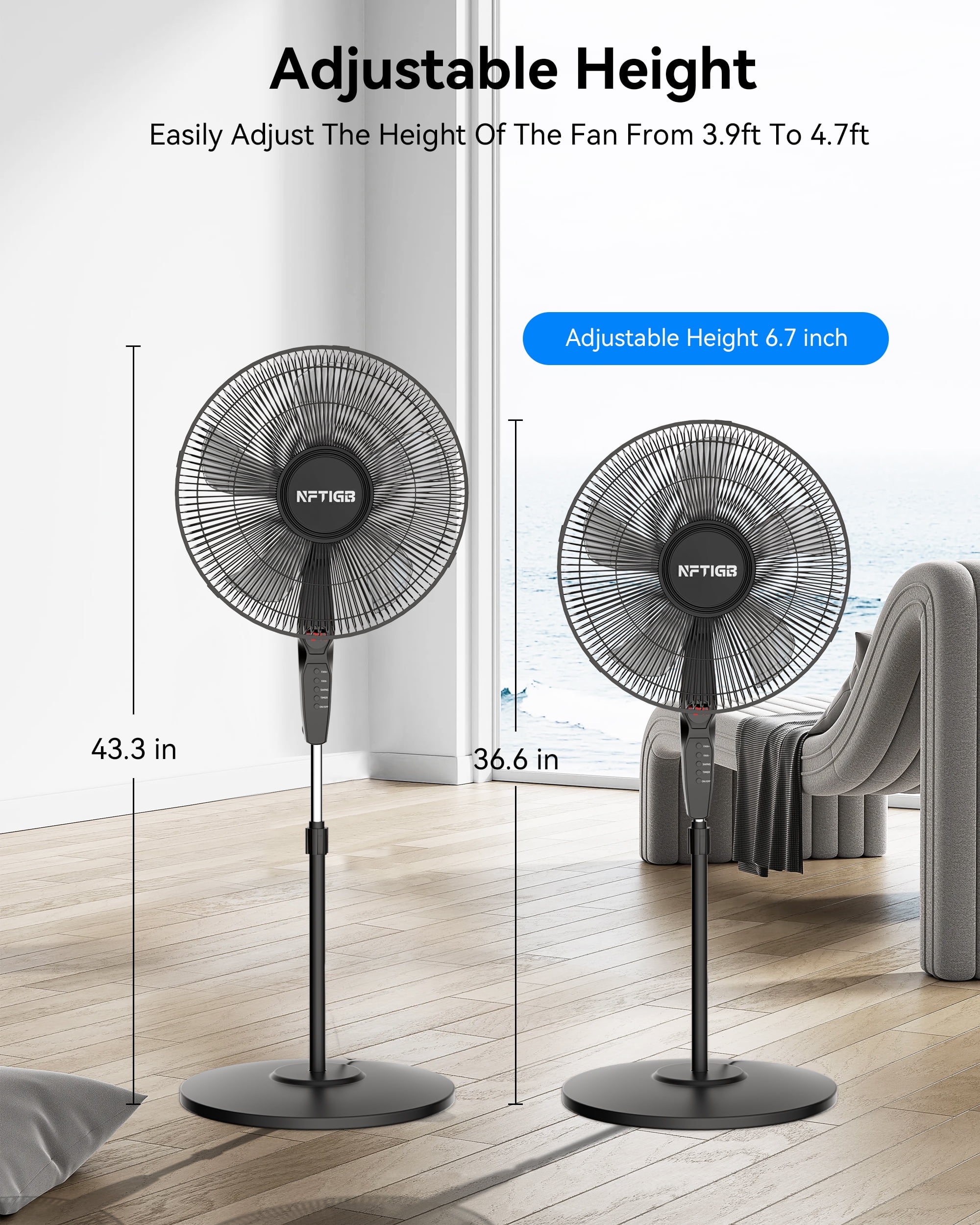 NFTIGB 16'' Oscillating Pedestal Fan w/Remote and Timer, Adjustable Height Floor Fan, Black 2026 New