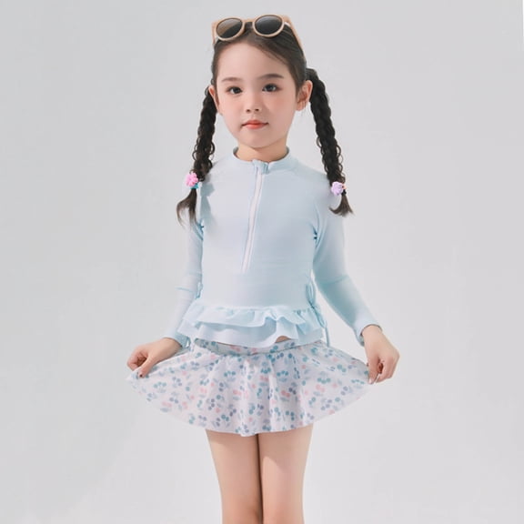 REDARER Girls Swimwear Set Long Sleeve Floral Print Polyester Cute Japanese Style Swimsuits for Toddler,Girls Swimsuit,2-4 Years