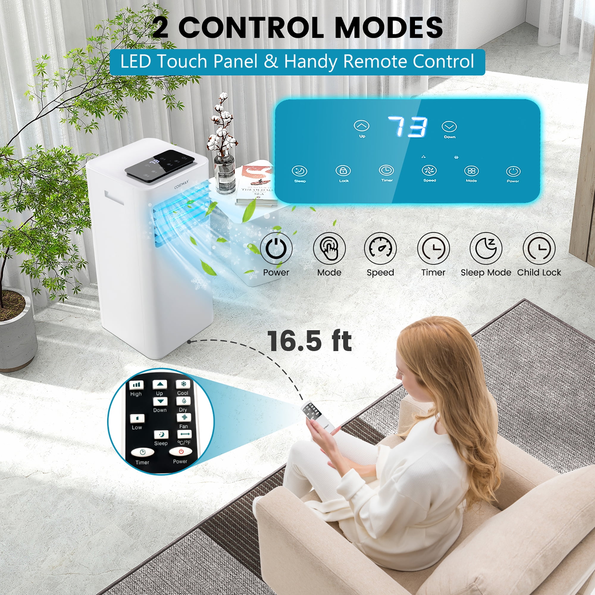  COSTWAY Portable Air Conditioners, 8000 BTU Air Conditioner  Unit spaces up to 230 Sq.Ft with Remote Control Dehumidifier Function  Window Wall Mount, 4 Caster Wheel, Sleep Mode and 2 Fan Speed 
