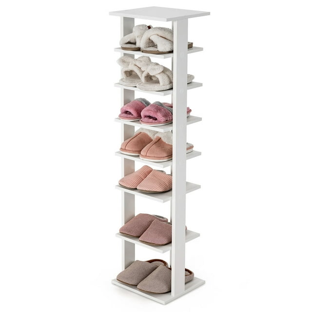 Gymax Étagère à Chaussures en Bois à 7 Niveaux Étroite Verticale Support à Chaussures Rangement Présentoir Tablette Blanc