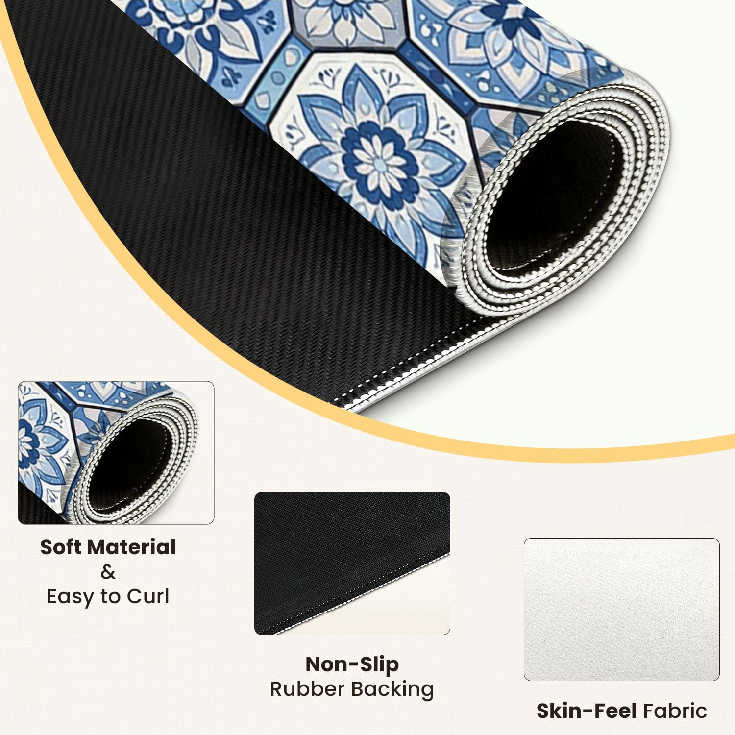 Mahjong Mat 31.5" x 31.5" Blue Floral Intricate Tile Geometric Shapes Anti-Slip and Noise Reduction Symmetry Design Mahjong Tiles Table Cover for Dominoes Poker Card Board and Tile Games