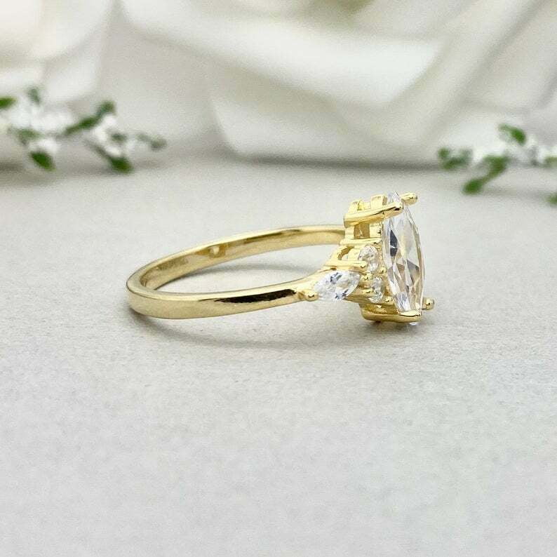 HeartsAndYou 1.5ct Engagement Ring for Women Marquise Cut Moissanite Petite Solitaire 18k Yellow Gold Over Silver