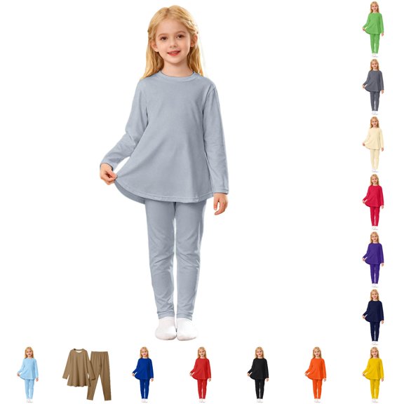 CUZIBR Girls Outfits Solid Color Crewneck Toddler Two Piece Outfit Long Sleeve Top And Pants Soft Layered Homewear For Kids Casual Daily Wear Back To School Clothes Sets,Grey,4-5 Years