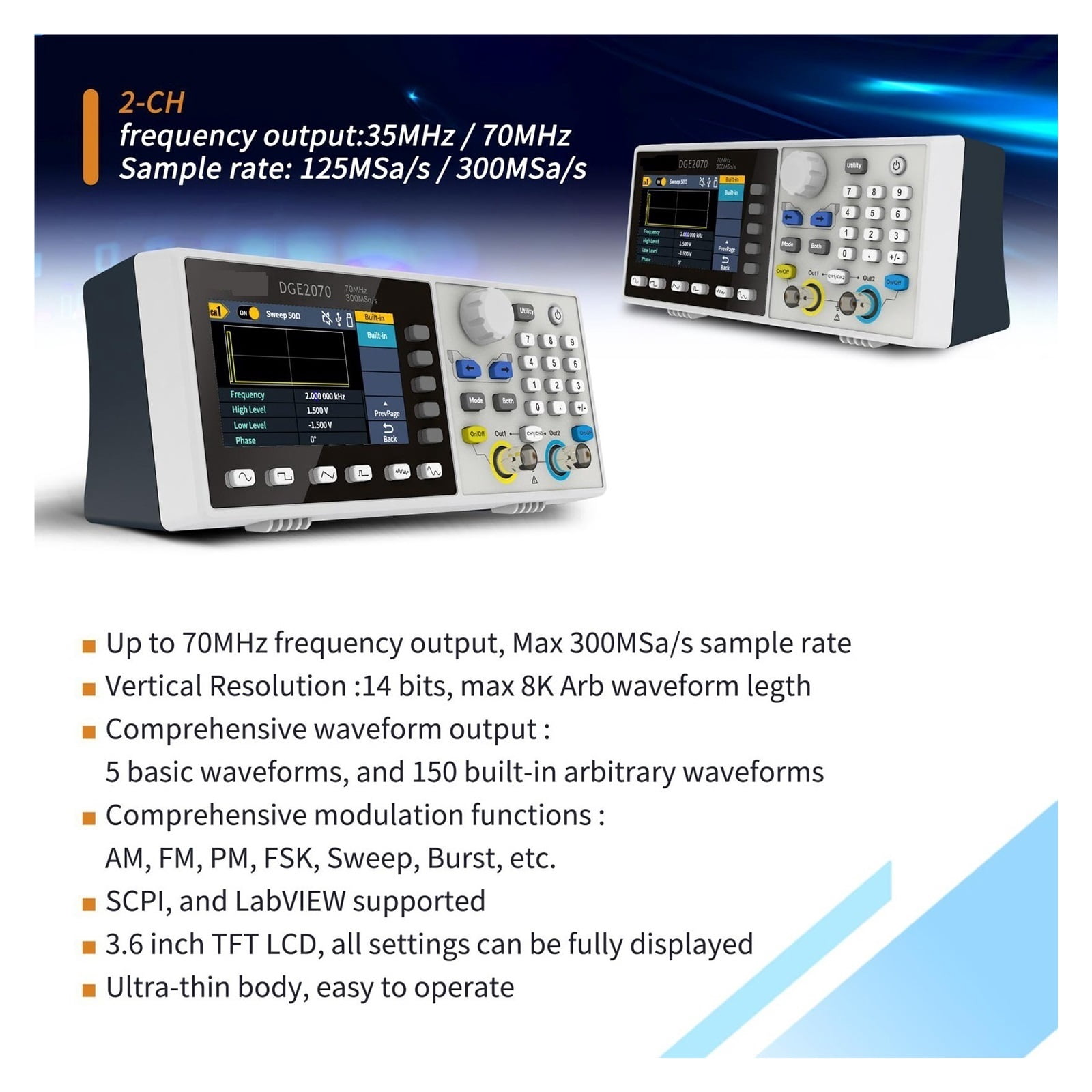 300MSa/s Arbitrary Waveform Generator 35MHz / 70Mhz Dual Channels Digital Oscilloscope ,Professional Designed
