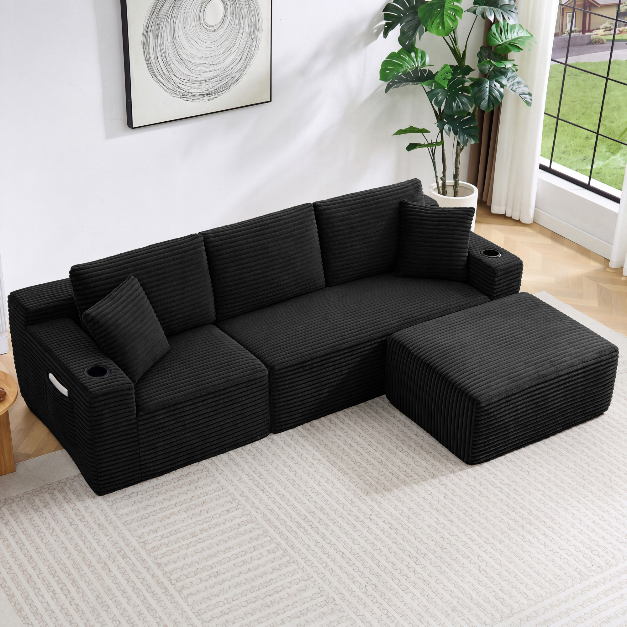 HOQBN L-Shaped Sectional Sofa with Ottoman, Corduroy 3-Seat Couch, Modern Modular Sofa for Living Room Black