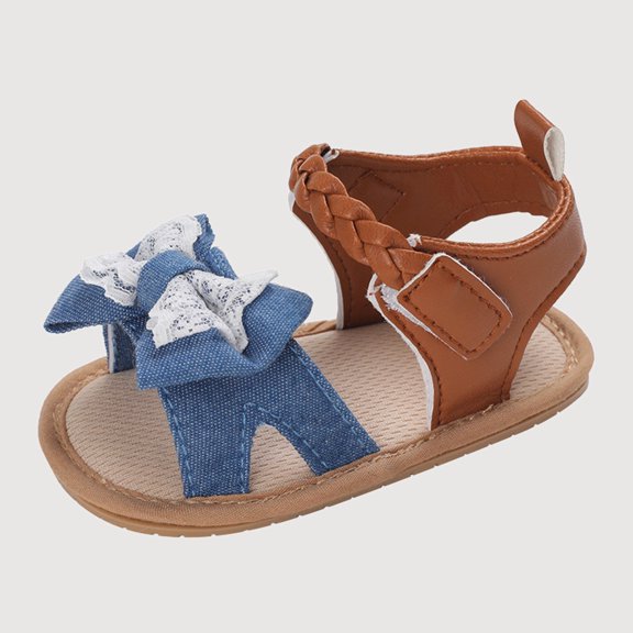 Gyujnb Girls Open Toe Sandals Denim Lace Bow Textured Strap Hook and Loop Soft Sole Summer First Walk Shoes (Girls),12
