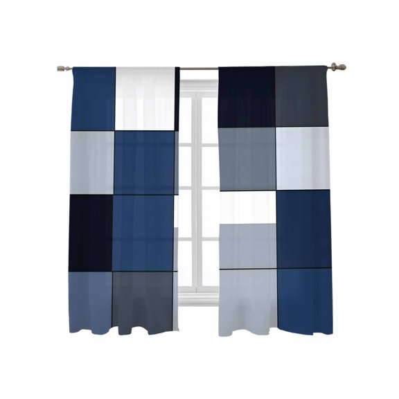Blue Black Sheer Curtains 72 inches Long 2 Panels Set Geometric Abstract Color Block Plaid Modern Sheer Window Curtain Rod Pocket Voile Drapes for Living Room/Bedroom, Each 52" W x 72" L