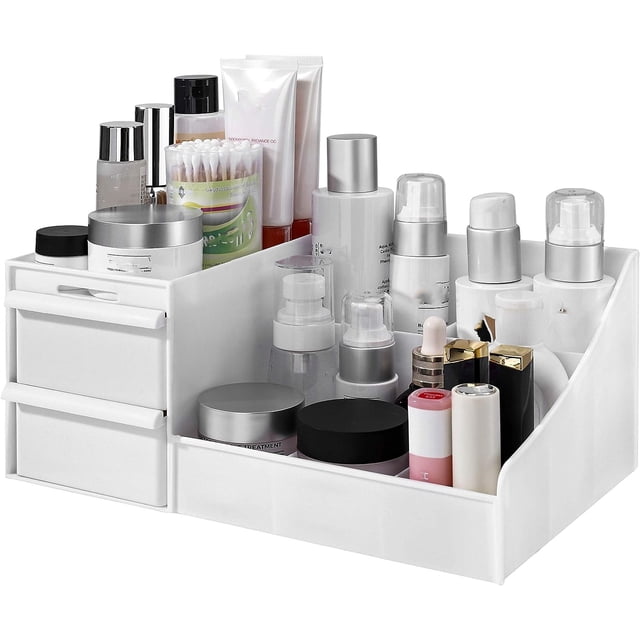 Makeup Organizer with Drawers,Makeup Organizer, Vanity Countertop Display Case for Bathroom with 2 Drawer 7 Compartment,Pink