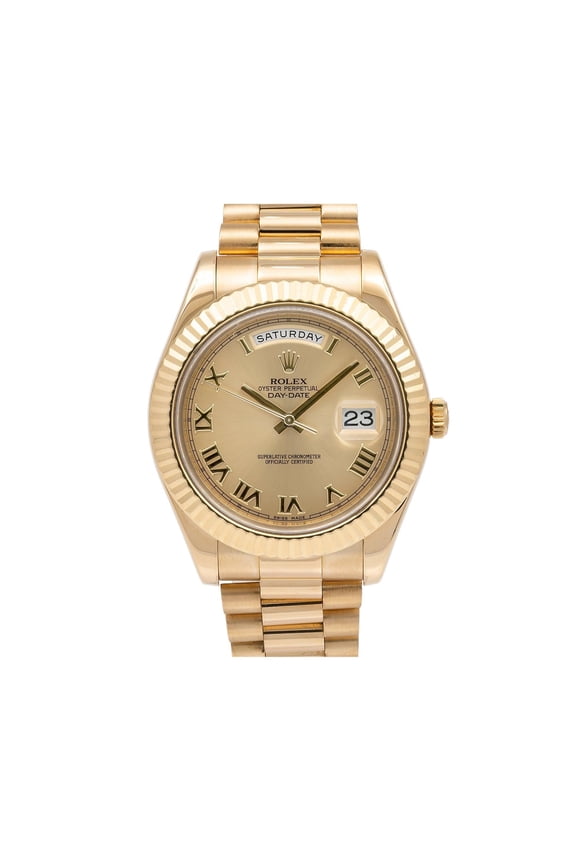 Pre-Owned Rolex Day-Date II 41MM 218238 Champagne Roman Dial Fluted Bezel 18K Yellow Gold President Bracelet