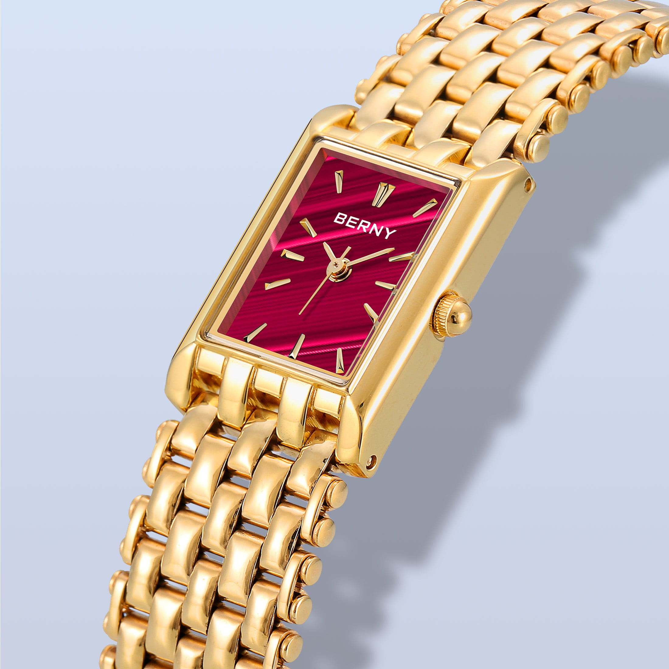 BBERNY Small Gold Watches for Women,Women's Gold Tone Rectangular Quartz Watch, Stainless Steel Band, Waterproof Watch Mother's Day Gift for Women (Red)