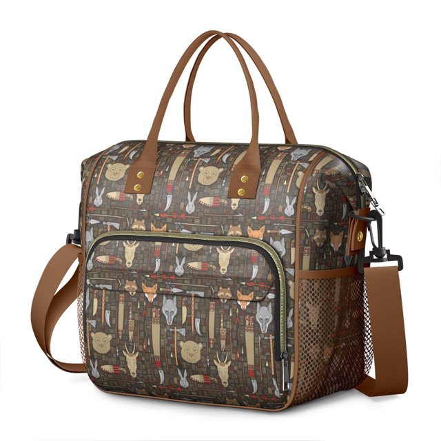 Cute Bear Insulated Lunch Bag – Large Leakproof Cooler Tote with Artistic Brown Bear Cartoon Print, Dual Compartment Reusable Lunch Box for Forest and Winter Lovers