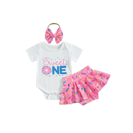 

Wassery 3Pcs Baby Girls Summer Outfits 3 6 12 18 Months Infant Clothes White Short Sleeve Romper T-shirt Tops + Donut Print Culottes + Headband Newborn Birthday Clothing Set 0-18M