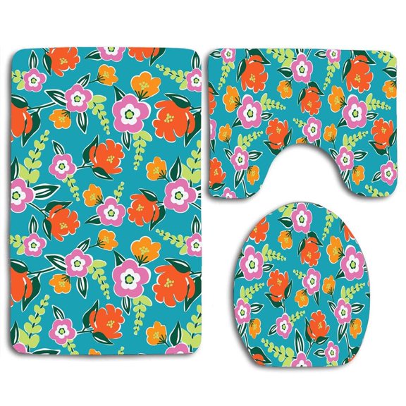 GOHAO Bright Blooms Blue Pink 3 Piece Bathroom Rugs Set Bath Rug Contour Mat and Toilet Lid Cover