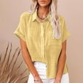 thumbnail image 2 of FAVIPT Women's Linen Top Short Sleeve Button Down Shirts Solid Color V Neck Tunic Tees Collared Casual Trendy Summer 2025 Shirts with Pocket Yellow,M, 2 of 6
