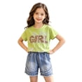thumbnail image 2 of Hrsba Little Girl Outfits Short Sleeve Crew Neck Tee And Elastic Waist Pearl Decor Denim Shorts Two Piece Set, 2 of 8