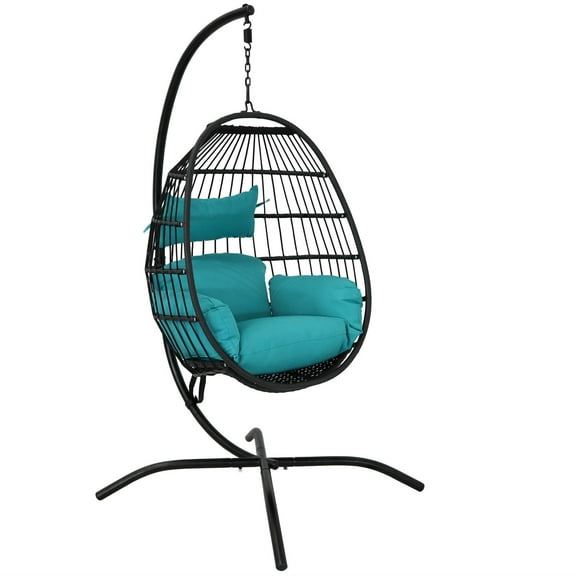 Sunnydaze Dalia Resin Wicker Egg Hanging Chair with Cushions and Stand, Teal