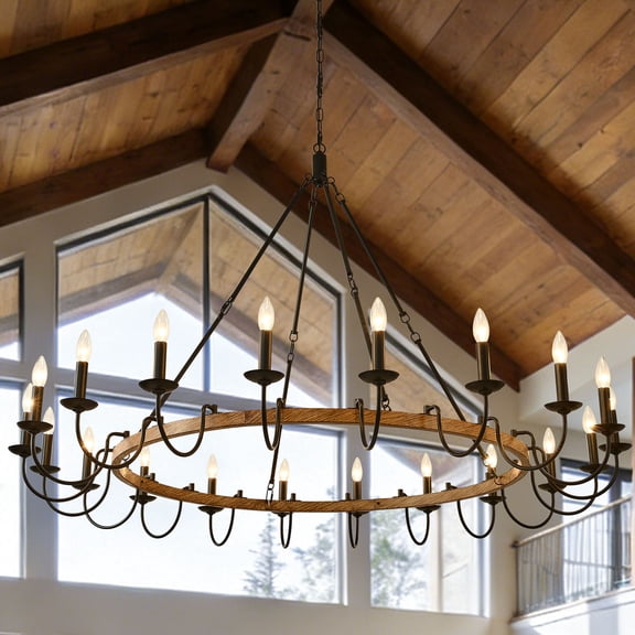 20 Lights Rustic Wagon Wheel Chandelier,Farmhouse Pendant Light Fixture,Candle Wood Chandeliers for Dining Room Living Room Kitchen Entryway
