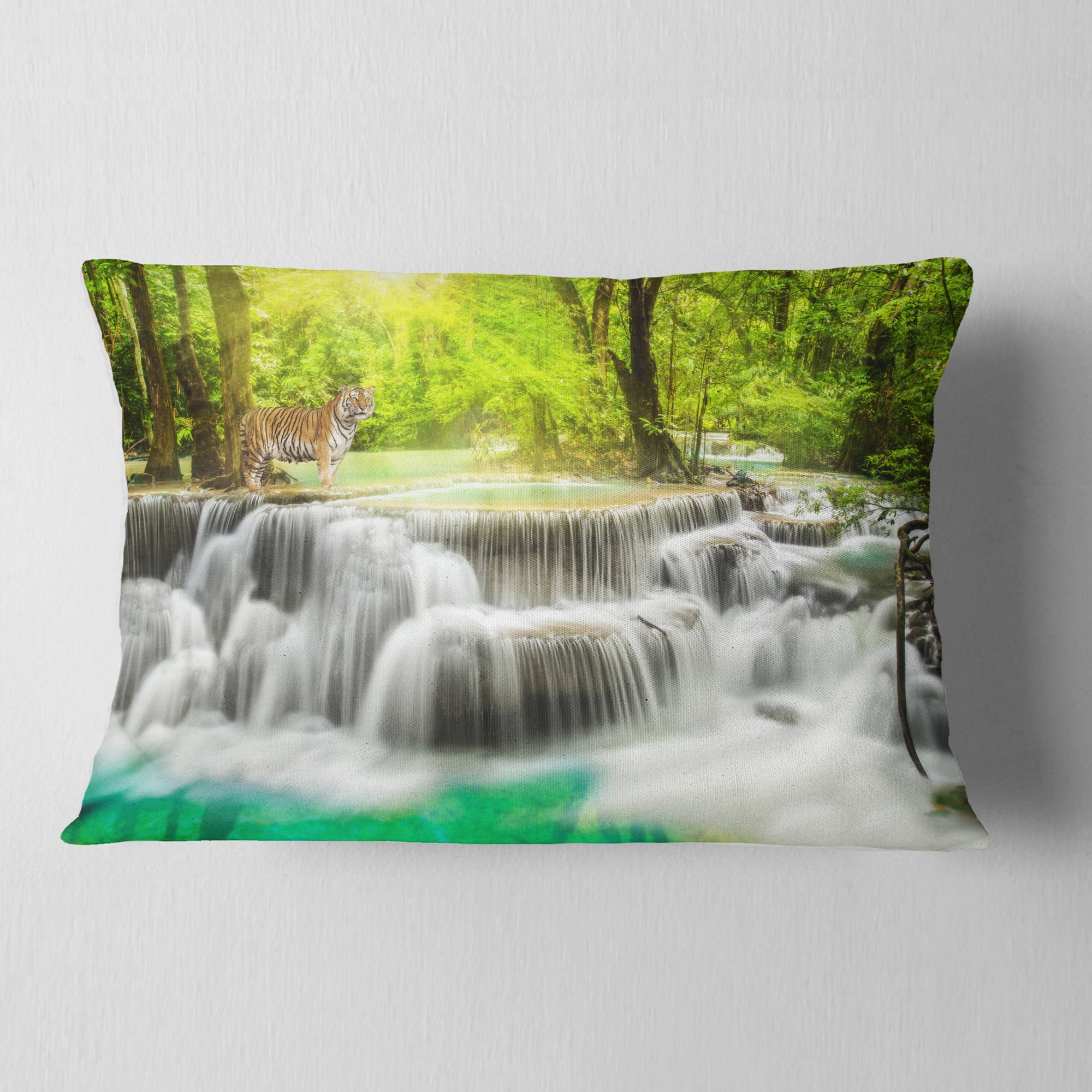 Designart Erawan Waterfall in Kanchanaburi - Photography Throw Pillow - 12x20