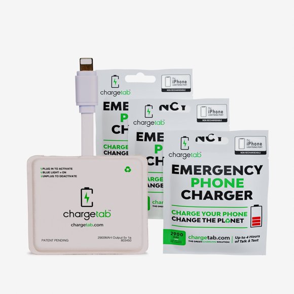 Compatible iPhone ChargeTab, jusqu'à 4 Heures d'Alimentation en Veille Sans Souci par Chargeur d'Urgence, Bloc-Piles Portable pour les Déplacements, Préchargé avec Durée de Conservation de 2 Ans (2900 mAh Chacun)